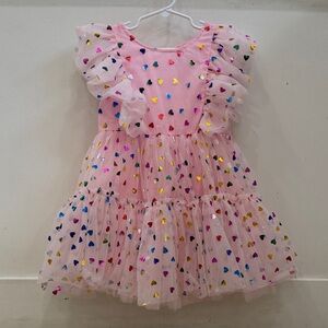 Lola + The Boys Pink Tulle Dress with Colorful Hearts